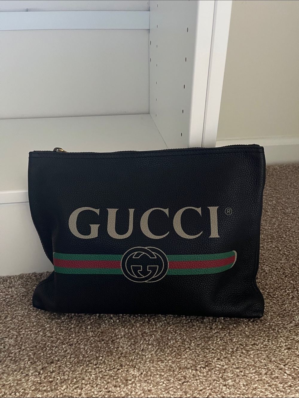 Gucci Black Leather Logo Toiletry Pouch with Green and Red Web Stripe
